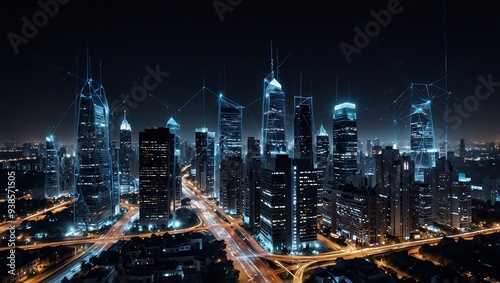 Wallpaper Mural Create an image of a modern, bustling cityscape at night, with tall buildings and bright roads lit by the trails of moving traffic. Torontodigital.ca