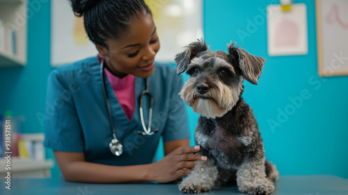 A caring veterinarian checks a small dog at a bright and cheerful clinic in the afternoon, showcasing the bond between pets and their caregivers