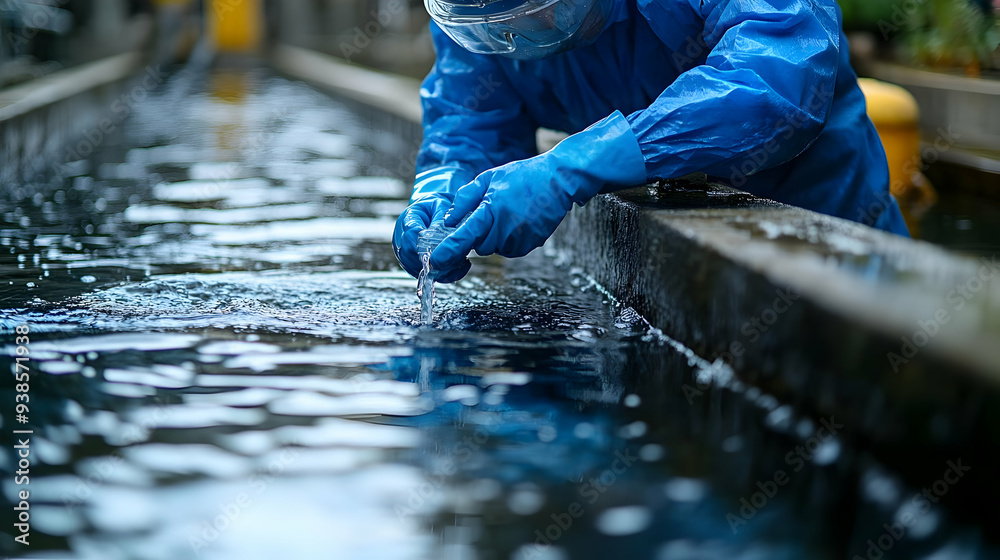 Person in blue protective gear taking a water sample from a stream. Person in blue protective gear taking a water sample from a stream.