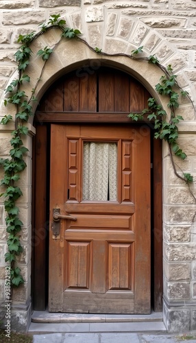 doorway with a wooden door and a window covered in vines.