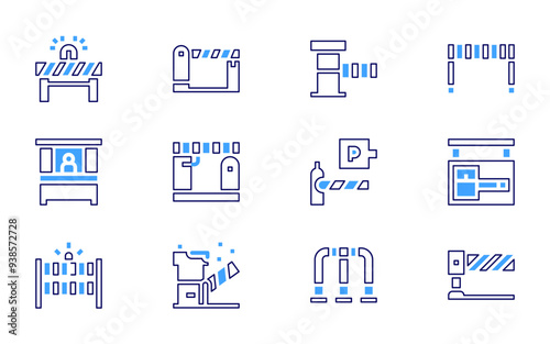 Parking Barrier icon set. Bold line style. Duotone colors. Editable stroke. road barrier, lock, parking, fence, toll, car parking, toll road