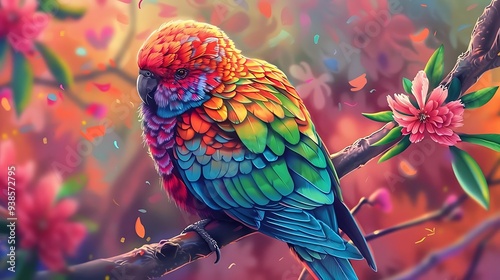 A vibrant parrot perched on a branch amidst colorful blossoms and falling petals.