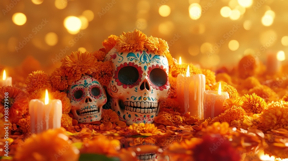 15. Day of the Dead, vibrant orange and marigold background with sugar skulls and candles, papel picado and flowers scattered, rich cultural atmosphere, 3D illustration