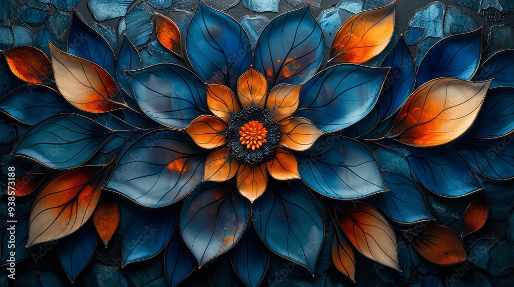 custom made wallpaper toronto digitalIntricate Blue and Orange Stained Glass Flower Pattern