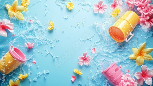 18. Songkran festival, light blue background with water splashes and buckets, water guns and floral garlands scattered, festive and refreshing, 3D illustration