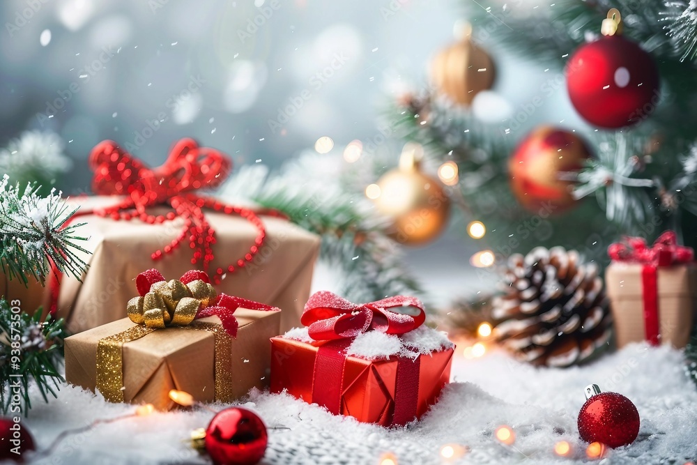 Christmas red decorations on snow with gift boxes, fir tree branches and christmas lights. Winter Decoration Background with copy space for text Christmas red decorations on snow with gift boxes, fir tree branches and christmas lights. Winter Decoration Background with copy space for text