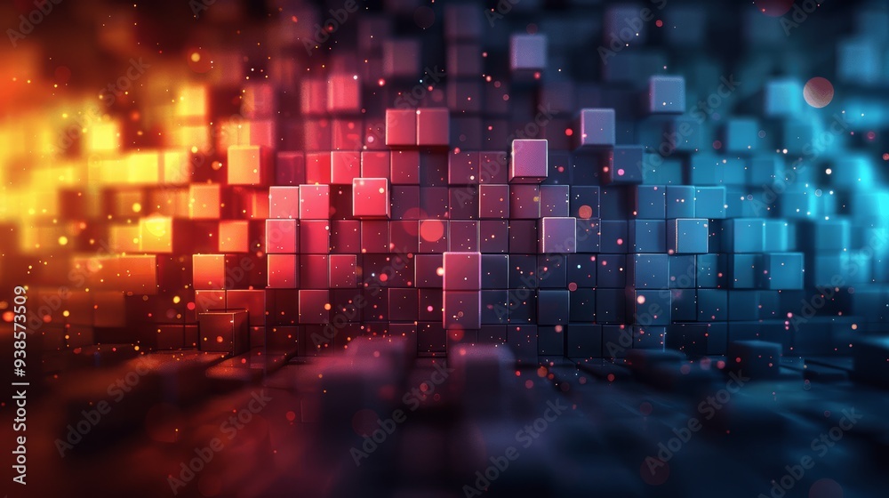 Obraz premium Colorful Pixel Square Abstract Background with Glowing Gradient Cubes