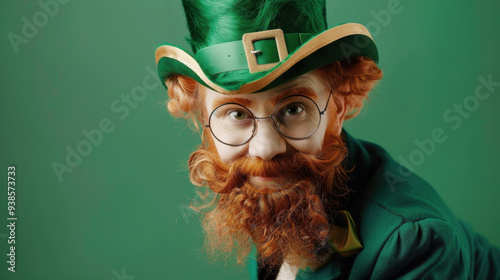 A handsome leprechaun with red hair and beard, wearing glasses photo