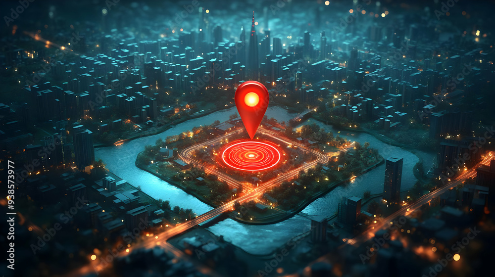 Red Pin Location Icon Over Night City. Red Pin Location Icon Over Night City.