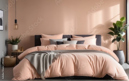 A comfy bedroom with a bed dressed in soft peach fuzz color bedding. Modern trendy tone hue shade