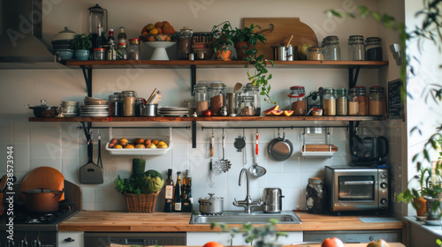 A clean and organized kitchen with everything in its place, promoting a sense of calm and efficiency.