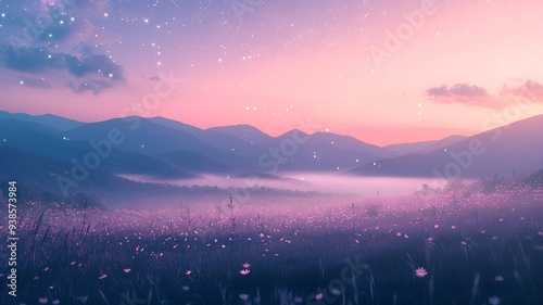  anime nature at sunset capturing a tranquil mountain meadow at dawn, the sky a gradient of pink and purple, and a gentle mist rising from the ground; cool and serene color temperature, cosmos lightin photo