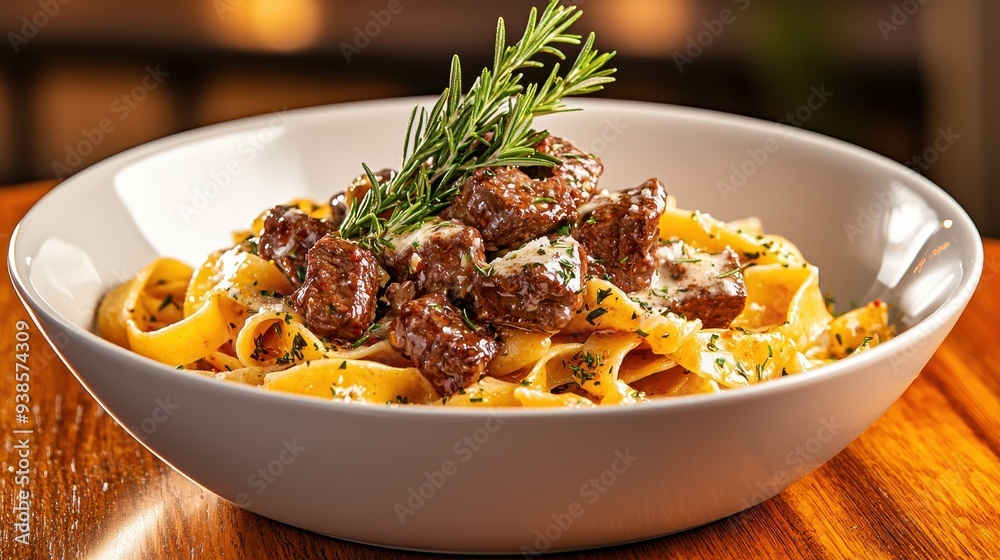 Delicious Pasta with Beef and Rosemary in a White Bowl Delicious Pasta with Beef and Rosemary in a White Bowl