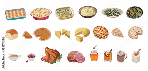 A set of Thanksgiving dinner illustrations