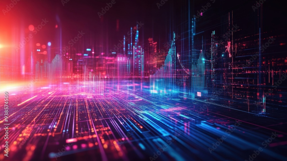 Abstract Neon Cityscape with Digital Lines and Glowing Lights
