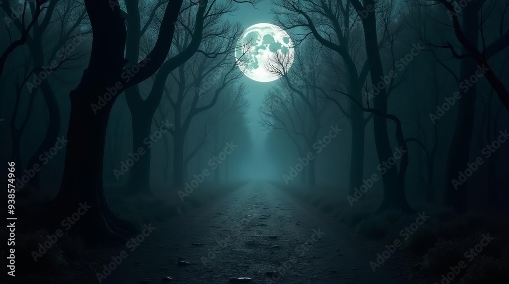 Fototapeta premium Spooky Moonlit Forest Path on Misty Halloween Night Creating Eerie Atmosphere
