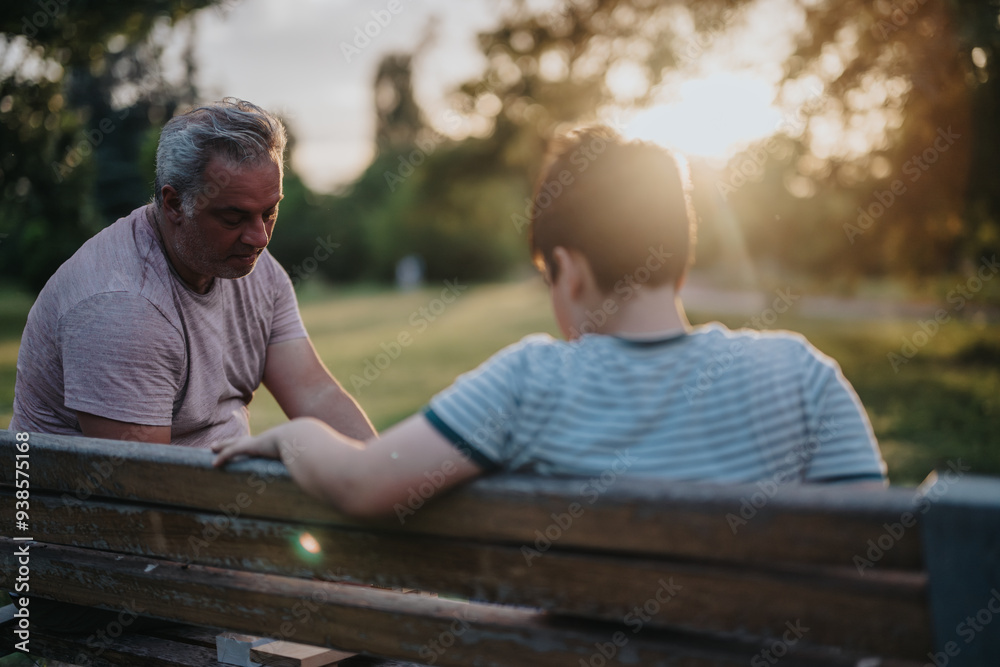 Heartwarming moment of a father and son playing with building blocks on a park bench. The setting sun adds a warm glow to this scene of family bonding and connection. Heartwarming moment of a father and son playing with building blocks on a park bench. The setting sun adds a warm glow to this scene of family bonding and connection.