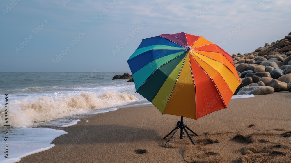 Rainbow Umbrella on a Sandy Beach Rainbow Umbrella on a Sandy Beach