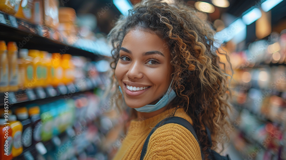 Woman sanitizing her hands with an antiseptic in a store, smiling and wearing a mask Woman sanitizing her hands with an antiseptic in a store, smiling and wearing a mask