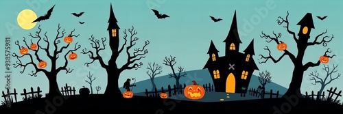 there is a halloween scene with a castle and pumpkins.