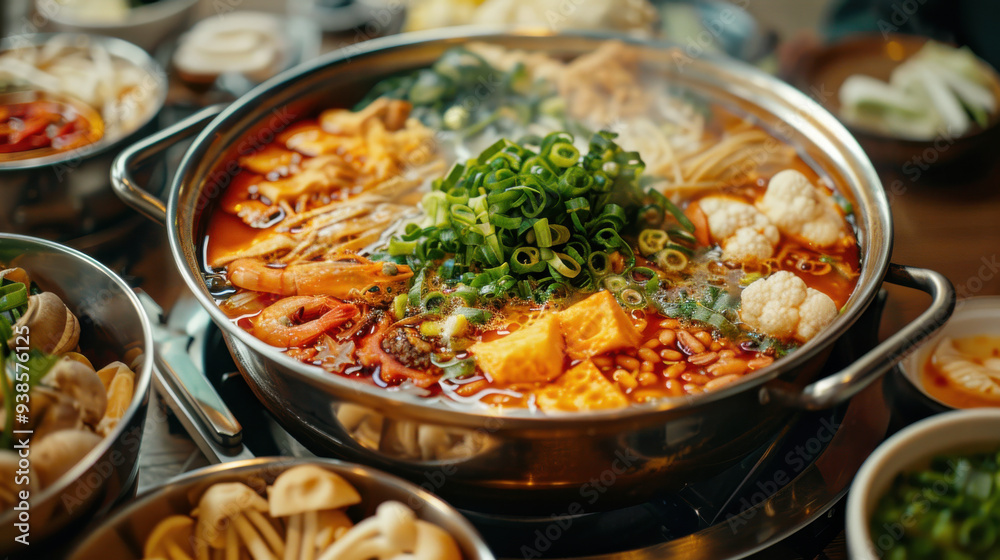 A colorful and appetizing hot pot, featuring a variety of fresh ingredients and a rich broth. A colorful and appetizing hot pot, featuring a variety of fresh ingredients and a rich broth.