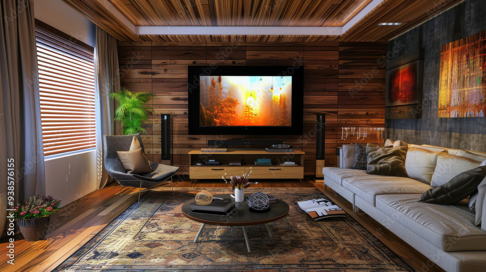A clutter-free TV room with modern furniture, clean lines, and soft, natural lighting creating a cozy environment. A clutter-free TV room with modern furniture, clean lines, and soft, natural lighting creating a cozy environment.