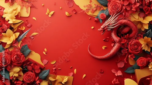 35. Sant Jordi (Spain), red and yellow background with books and roses, dragons and swords scattered, romantic and cultural, 3D illustration