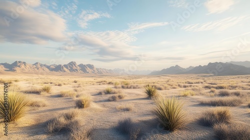 A desert landscape with a few bushes and a spectacular sky