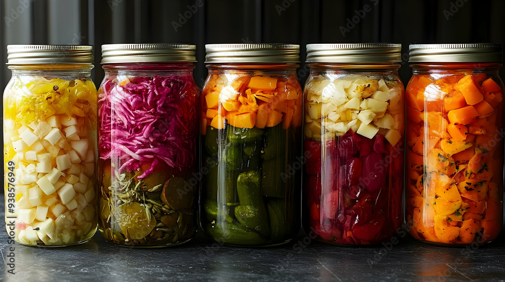 Six glass jars of assorted pickled vegetables, each with different color and texture. Six glass jars of assorted pickled vegetables, each with different color and texture.
