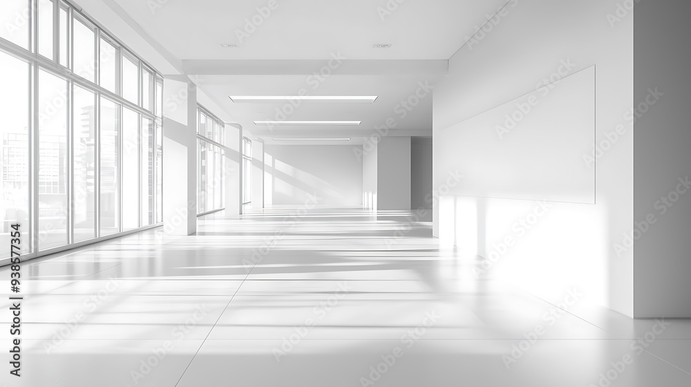White open space office interior with blank wall White open space office interior with blank wall