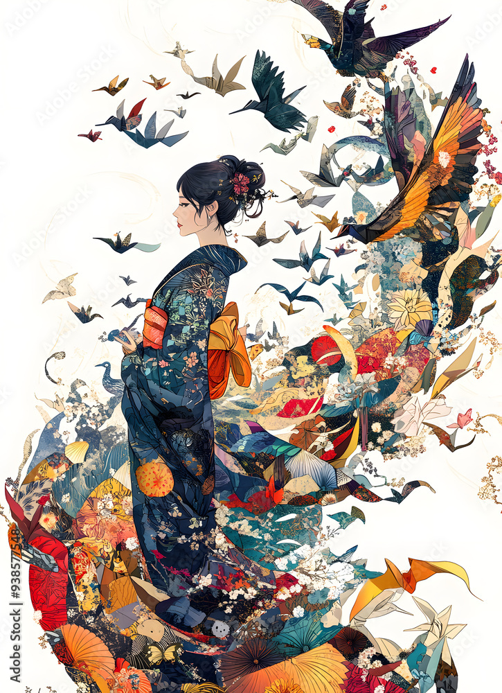 illustration of a woman in a kimono, surrounded by a swirling mass of origami cranes and colorful flowers. symbolizing peace. illustration of a woman in a kimono, surrounded by a swirling mass of origami cranes and colorful flowers. symbolizing peace.