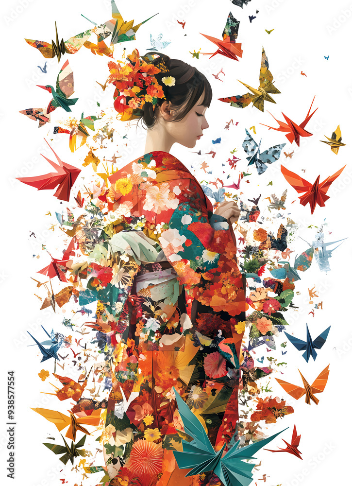 illustration of a woman in a kimono, surrounded by a swirling mass of origami cranes and colorful flowers. symbolizing peace. illustration of a woman in a kimono, surrounded by a swirling mass of origami cranes and colorful flowers. symbolizing peace.