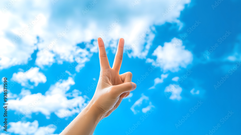 Hand doing peace sign for victory on blue sky and white cloud background. Hand doing peace sign for victory on blue sky and white cloud background.