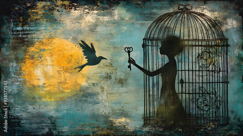 person trapped in a cage of fate, with a key to freedom held by a creative force.