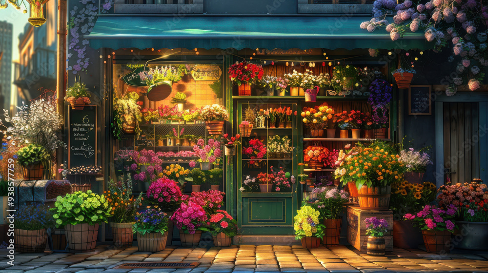 A cozy flower shop showcasing an assortment of colorful flowers, attracting passersby. A cozy flower shop showcasing an assortment of colorful flowers, attracting passersby.