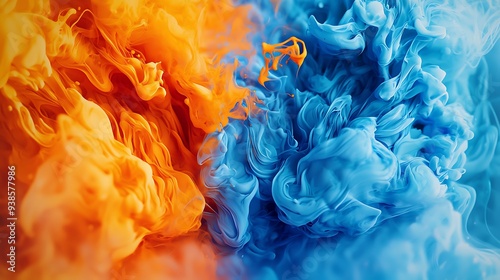 Spectacular image of blue and orange liquid ink churning together, with a realistic texture and great quality. Digital art 3D illustration photo