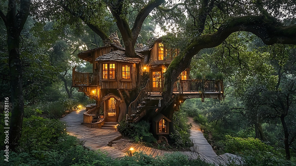 Wooden walkways lead to an enchanting treehouse in a lush forest, warmly lit as dusk falls. Wooden walkways lead to an enchanting treehouse in a lush forest, warmly lit as dusk falls.