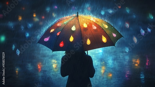 Wallpaper Mural A person holding an umbrella in a light rain, but instead of water, the raindrops are tiny, glowing symbols of different emotions, gently landing on the umbrella and changing its color Torontodigital.ca