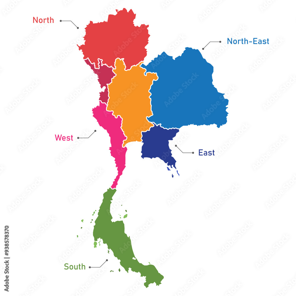 Map of Thailand and regional area lines Map on a white transparent background Map of Thailand and regional area lines Map on a white transparent background