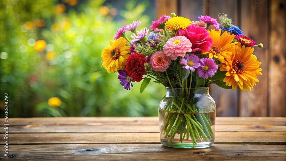 Beautiful bouquet of colorful flowers in a glass vase on a wooden table, bouquet, colorful, flowers, glass vase, wooden table Beautiful bouquet of colorful flowers in a glass vase on a wooden table, bouquet, colorful, flowers, glass vase, wooden table