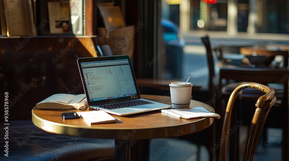 A casual coffee shop setup with a laptop on a small round table, a coffee cup, and a few scattered notes or books.