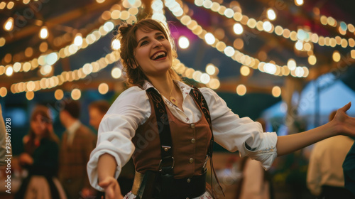 Oktoberfest waitress having fun and dancing at a beer festival event wearing a traditional costume. photo