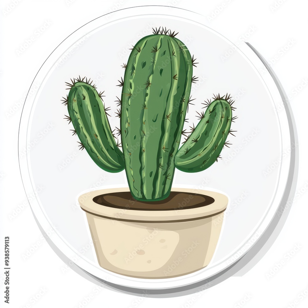 Sticker of a cactus in circle shape, flat vector illustration, on white background, digital sticker, clipart, icon 