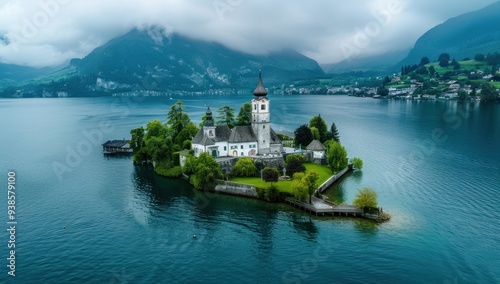 Stiglitz's Island, Stigalp on Lake Tegern in Switzerland aerial view. A white gothic-style church with bell tower photo