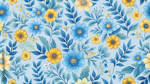 Seamless pattern of blue and yellow flowers and leaves on light blue background, floral, seamless, pattern, blue