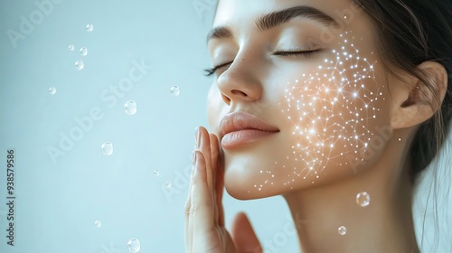 A woman with glowing skin is adorned with water droplets, exuding freshness and purity.