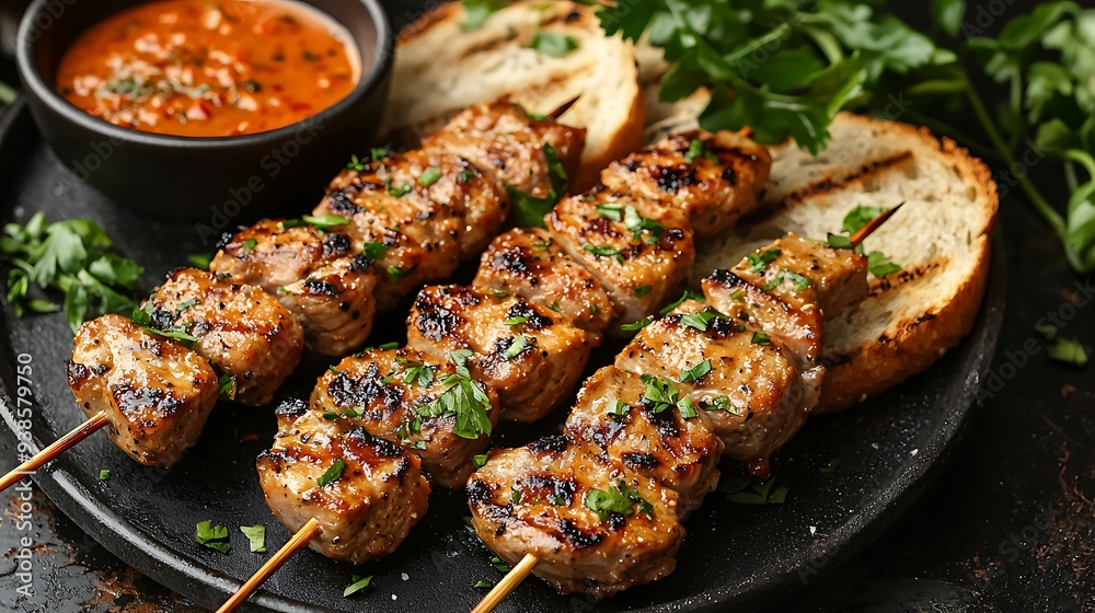 A plate of grilled pork skewers with sauce and toasted bread tempts with its savory aroma. A plate of grilled pork skewers with sauce and toasted bread tempts with its savory aroma.
