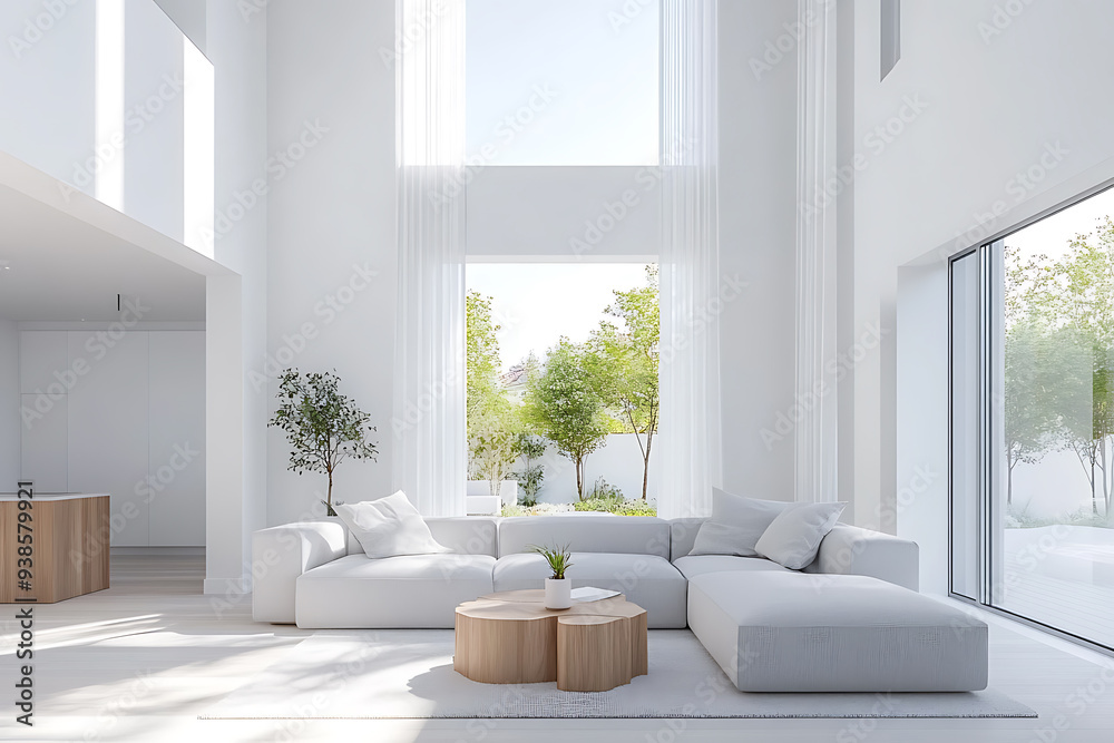 Fototapeta premium A large white living room with a couch, coffee table, and potted plants