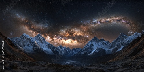 Starry sky over the Himalayas, showcasing breathtaking Milky Way and distant stars above snow-capped
