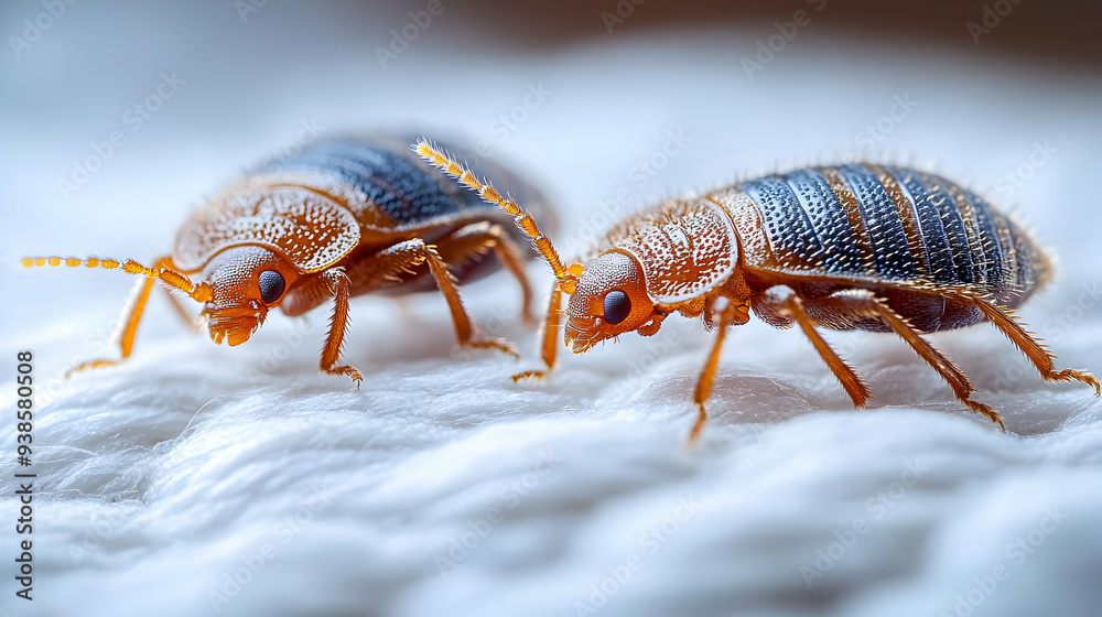 Two bed bugs on a white surface, close-up view. Two bed bugs on a white surface, close-up view.